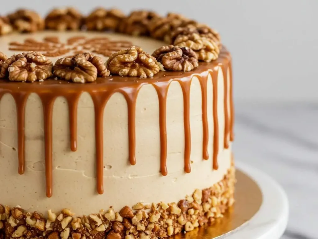 Pastel de cajeta glaseado con efecto 'drip cake' y decoraciones de nueces, flores comestibles y detalles mexicanos