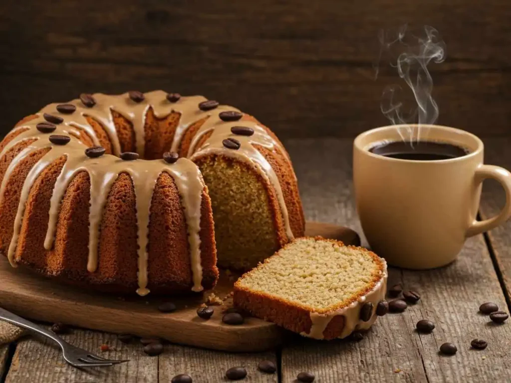 Pastel de café casero decorado con glaseado y granos de café
