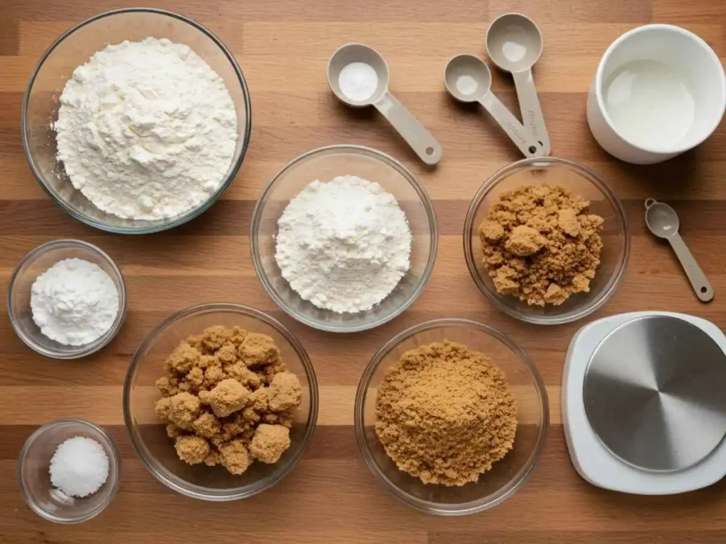 Ingredientes secos para pastel de café organizados en la mesa