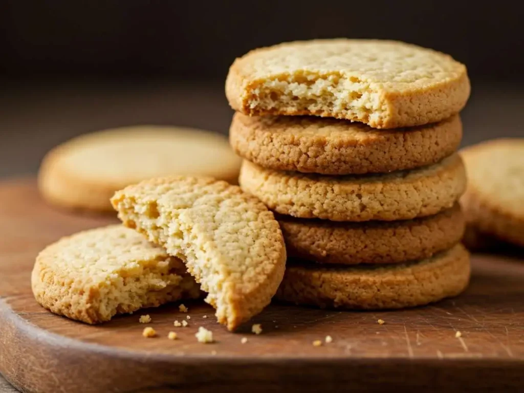 Galletas de vainilla caseras perfectas apiladas sobre tabla de madera