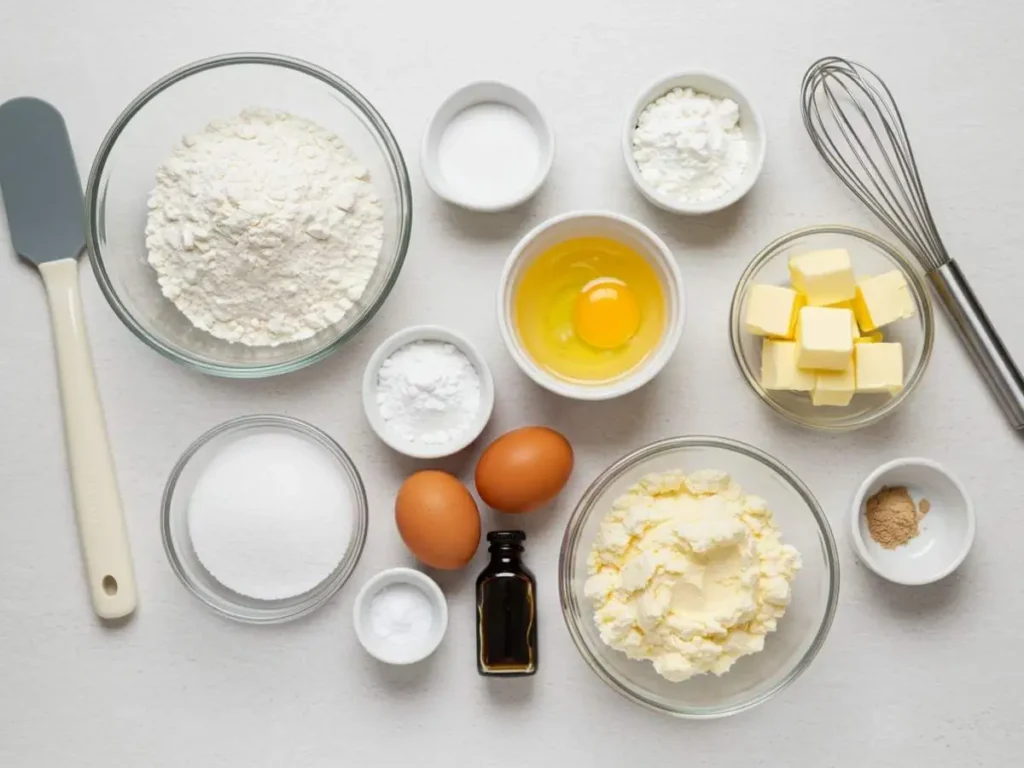 Ingredientes medidos y utensilios listos para hacer galletas de vainilla