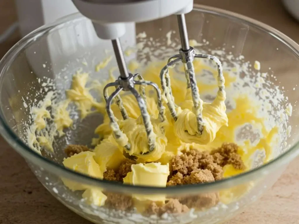 Batido de mantequilla y azúcar morena en un bol de vidrio