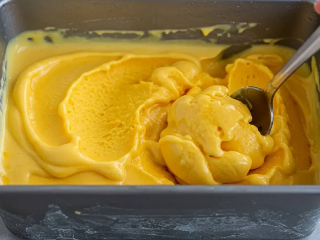 Helado de mango semi-congelado siendo batido manualmente para romper cristales de hielo.