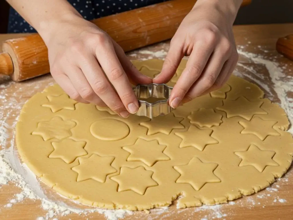 Cortando galletas de vainilla con un cortador sobre masa estirada