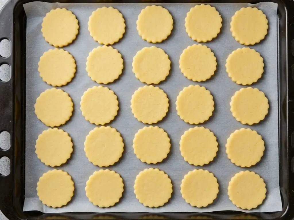 Galletas de vainilla crudas colocadas en bandeja con papel de horno