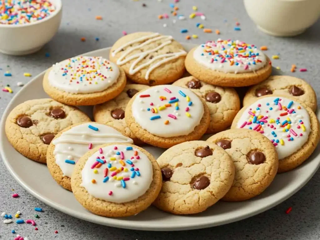 Galletas de vainilla decoradas con glasé y otras con chispas de chocolate