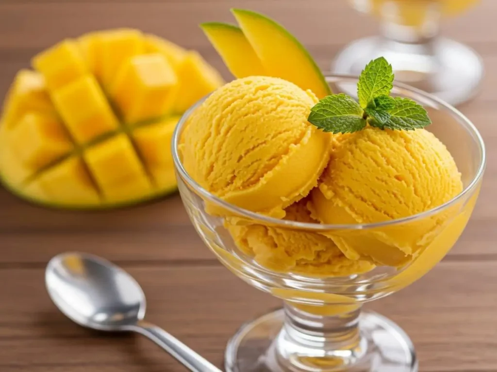 Cremoso helado de mango casero servido en copa con mango fresco y menta.