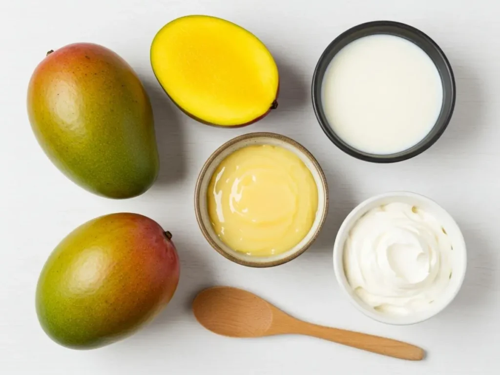 Ingredientes principales para el helado de mango: mangos, leche condensada y crema de leche.