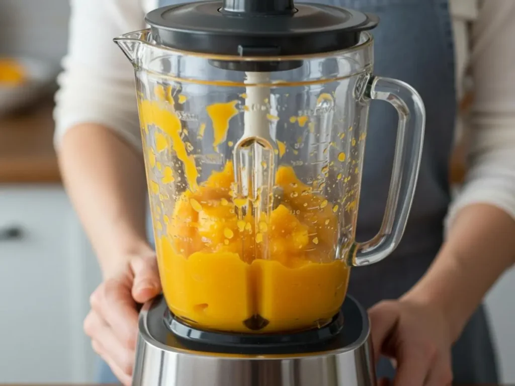 Procesando pulpa de mango naranja brillante en una licuadora para helado.