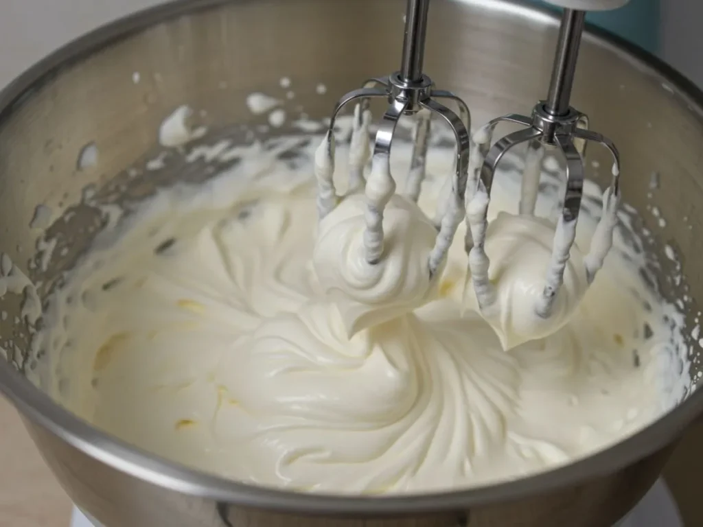 Crema de leche batiéndose en un bol hasta alcanzar una consistencia aireada.