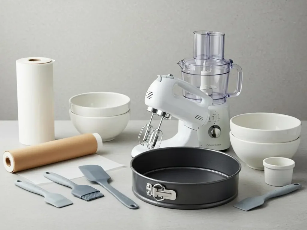 Utensilios de cocina para hacer pastel de Oreo: molde, batidora y procesador