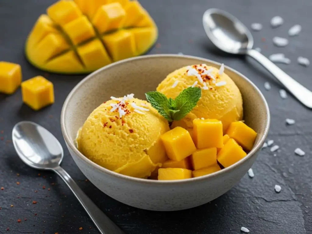 Porción de helado de mango casero con trocitos de mango y un toque de chile en polvo.