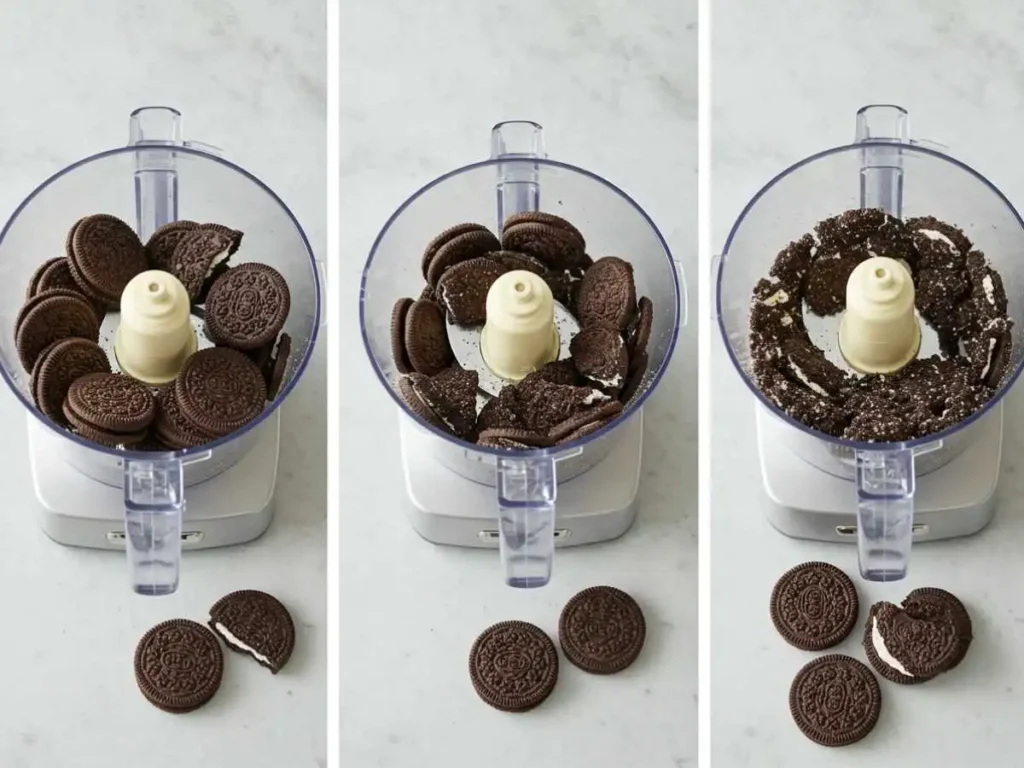 Galletas Oreo trituradas en procesador de alimentos para base de pastel