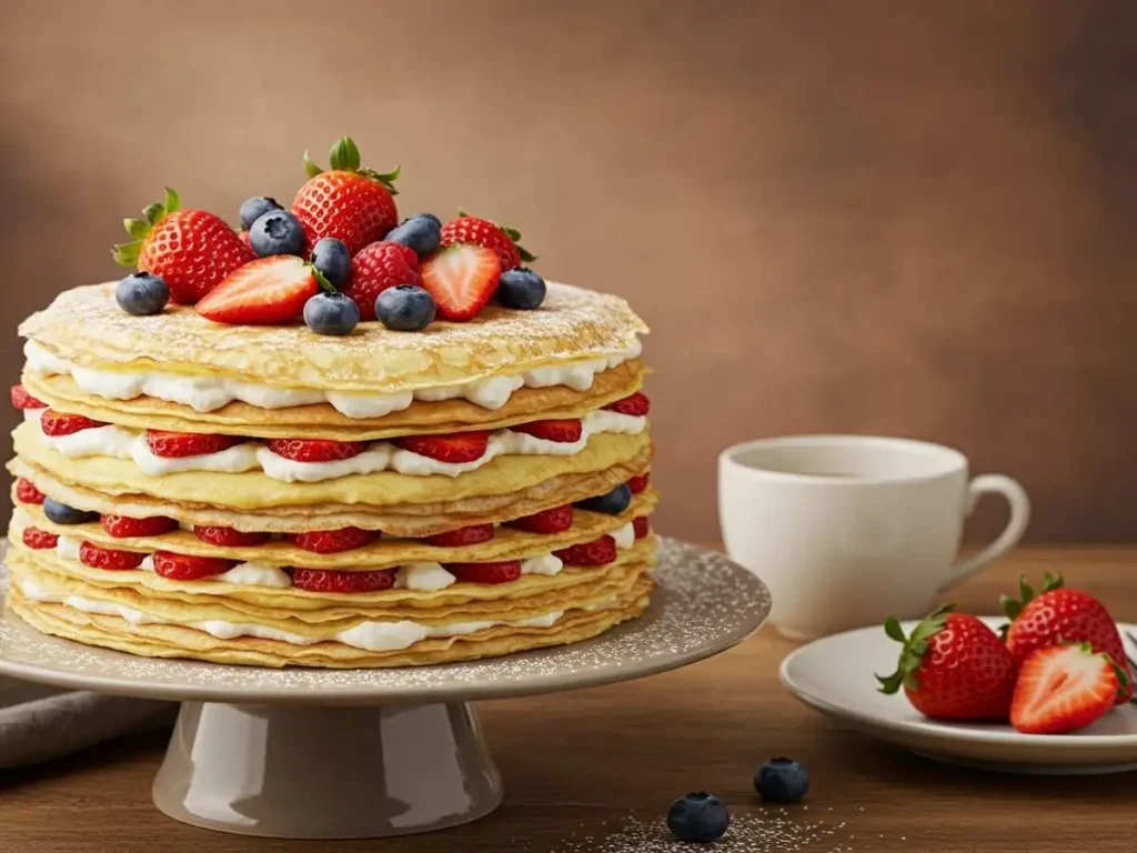 Delicioso pastel de crepas casero con múltiples capas, decorado con frutas frescas y un toque de azúcar glass, receta de Mariana Postres.