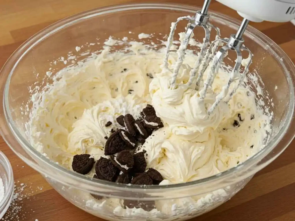 Preparación del relleno cremoso de queso para pastel de Oreo en batidora