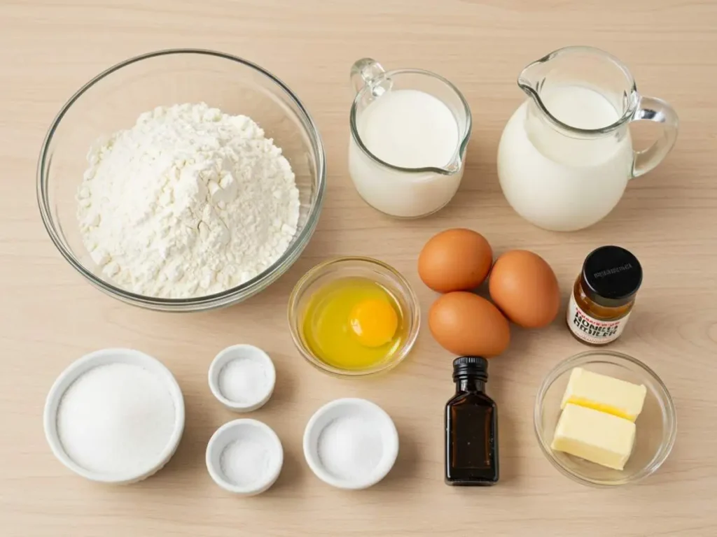 Ingredientes frescos para masa de crepas: harina, huevos, leche, mantequilla, azúcar, vainilla y sal, dispuestos sobre una superficie de cocina.