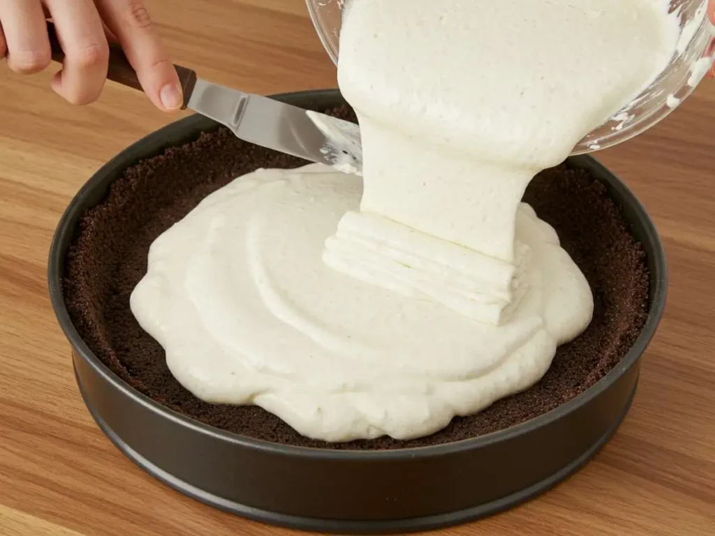 Montaje del pastel de Oreo vertiendo relleno cremoso sobre base de galletas