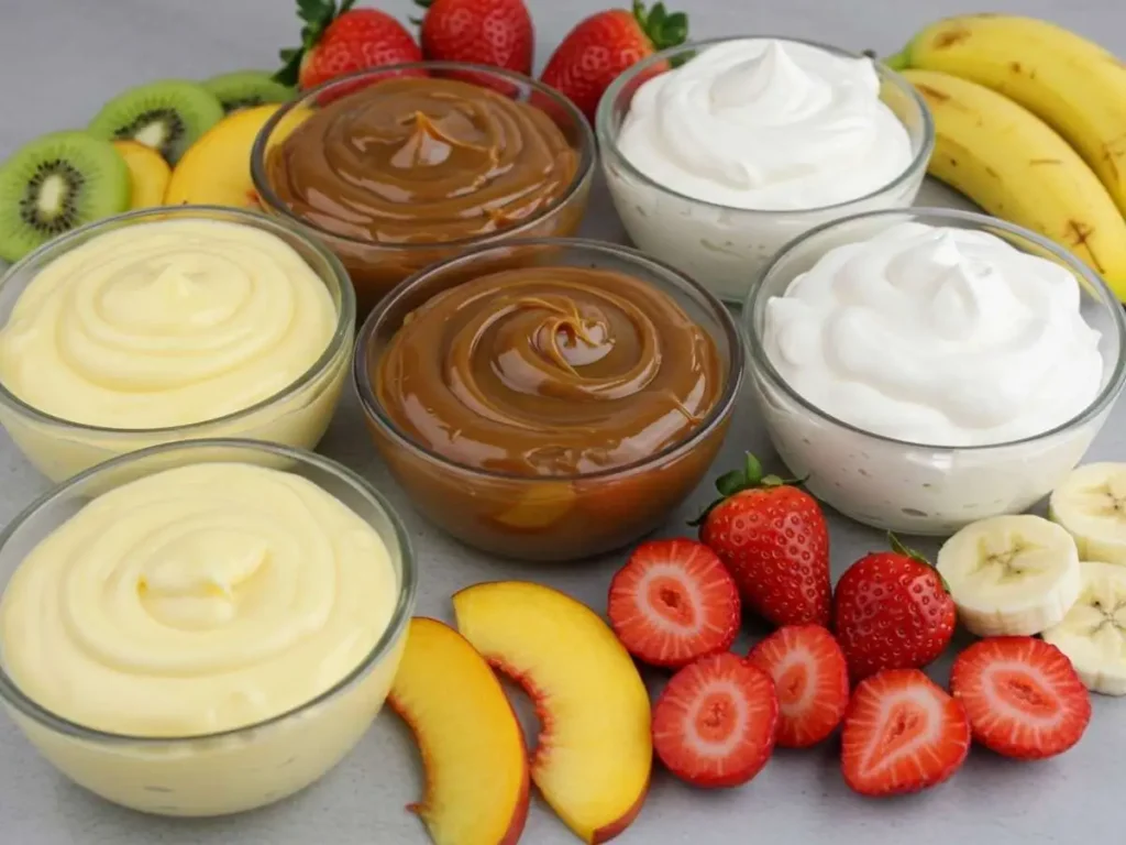 Variedad de opciones de relleno para pastel de crepas: crema pastelera, dulce de leche, Nutella, y frutas frescas como fresas y duraznos.