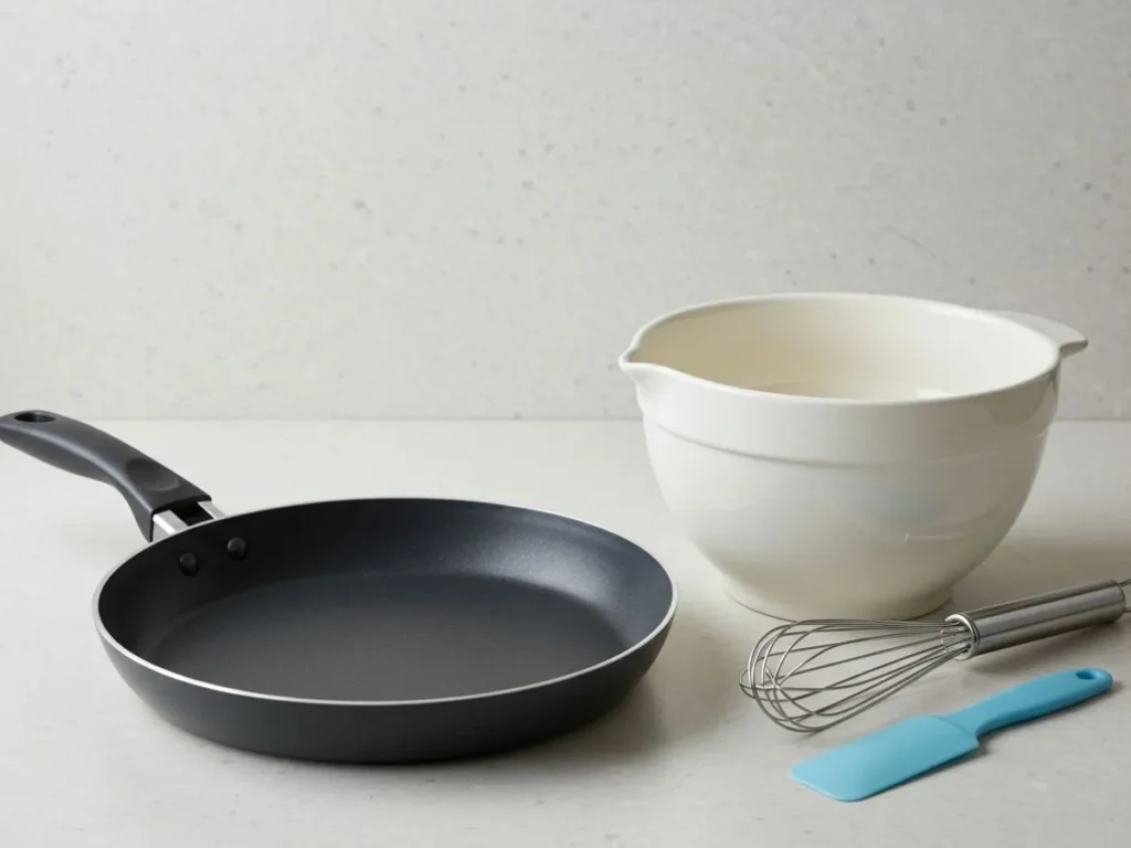 Utensilios de cocina esenciales para hacer crepas: sartén antiadherente, batidora, recipiente y espátula.