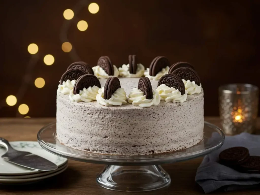 Pastel de Oreo terminado con decoración elegante de galletas y crema batida