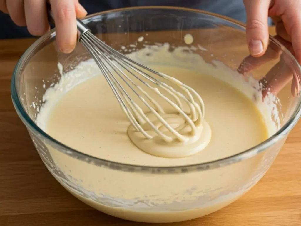 Manos mezclando la masa para crepas en un recipiente hasta obtener una textura suave y homogénea.