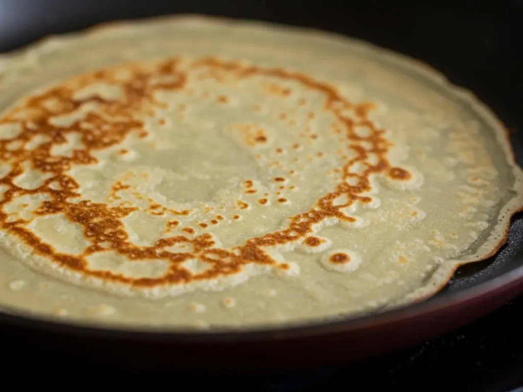 Crepa delgada cocinándose en una sartén antiadherente, mostrando un color dorado y bordes ligeramente levantados.