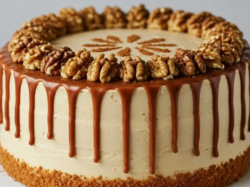 Pastel de cajeta casero con glaseado y decoración de nueces sobre plato rústico