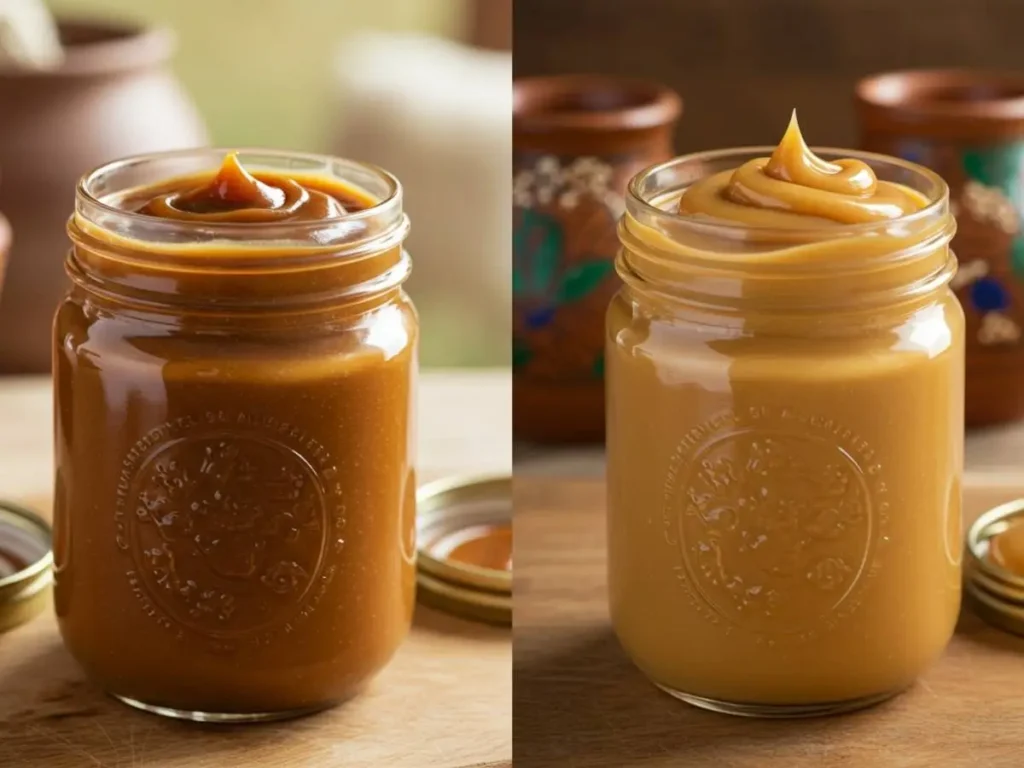 Frasco de cajeta tradicional mexicana junto a uno de dulce de leche, mostrando diferencias de color y textura