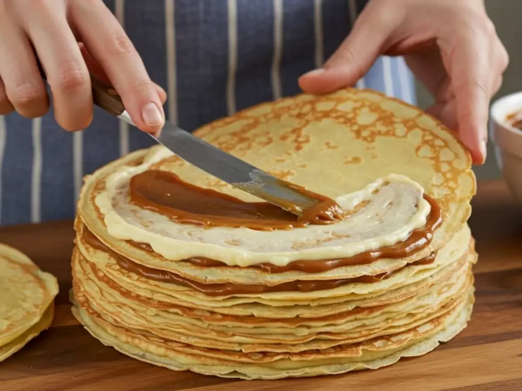 Manos ensamblando un pastel de crepas, esparciendo cuidadosamente el relleno entre las capas.