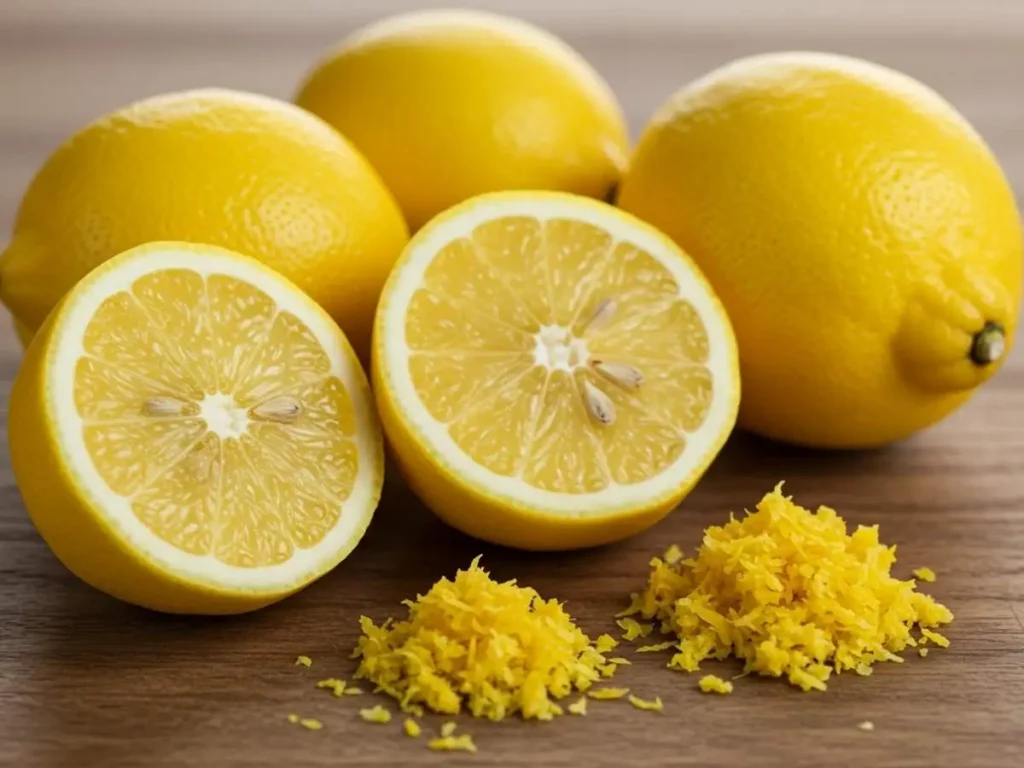 Limones amarillos frescos y brillantes, enteros y cortados, junto a ralladura fina sobre tabla de madera.