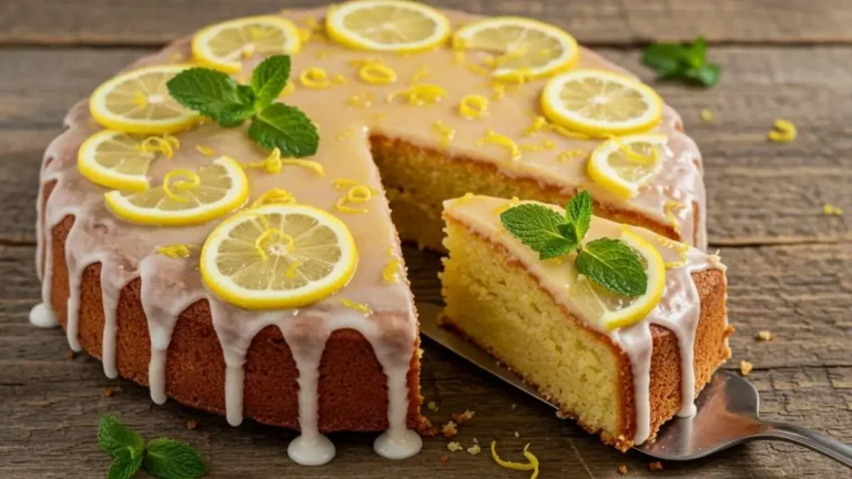 Pastel de limón casero con glaseado brillante y ralladura de limón