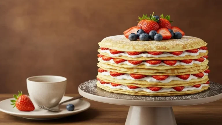 Delicioso pastel de crepas casero con múltiples capas, decorado con frutas frescas y un toque de azúcar glass, receta de Mariana Postres.