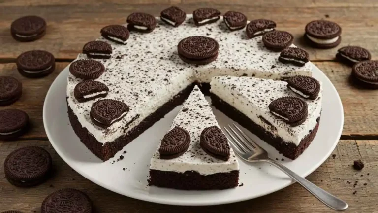 Pastel de Oreo casero cremoso cortado en porciones sobre plato blanco