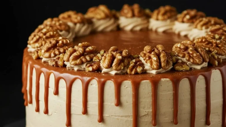 Pastel de cajeta casero con glaseado y decoración de nueces sobre plato rústico