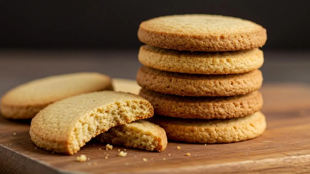 Galletas de vainilla caseras perfectas apiladas sobre tabla de madera