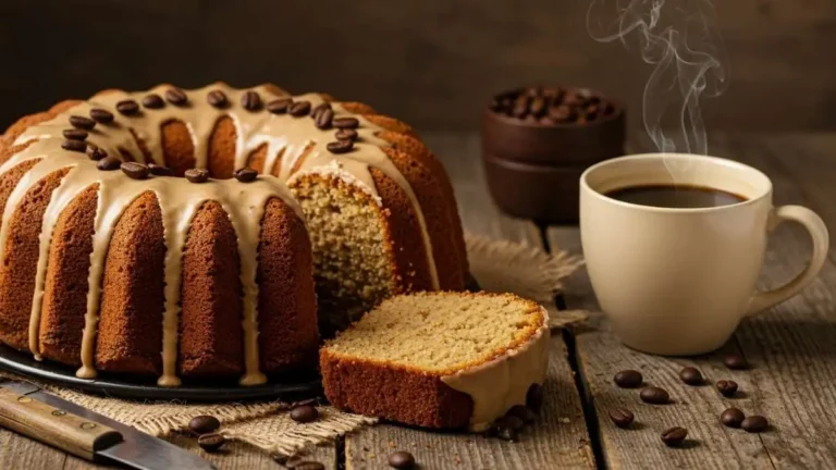 Pastel de café casero decorado con glaseado y granos de café