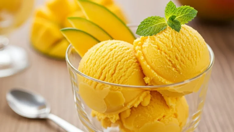 Cremoso helado de mango casero servido en copa con mango fresco y menta.