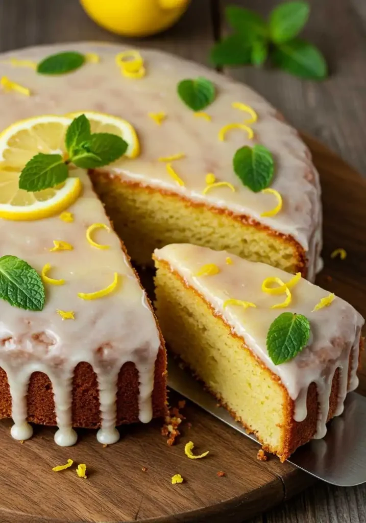 Pastel de limón casero con glaseado brillante y ralladura de limón
