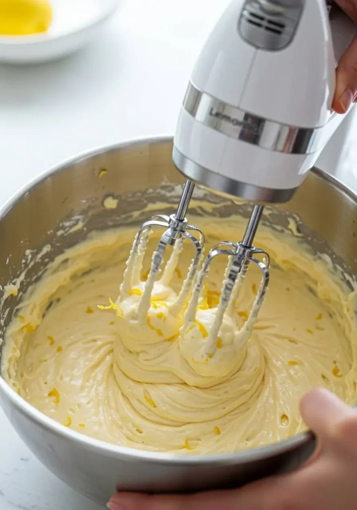 Mezcla cremosa para pastel de limón en bol con batidor