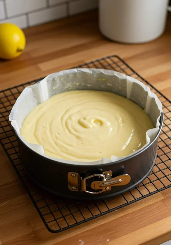 Molde redondo con masa de pastel de limón lista para hornear