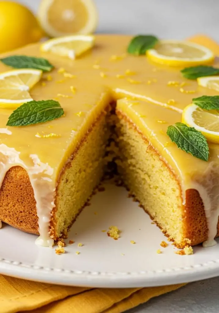 Pastel de limón glaseado con rodajas de limón y menta