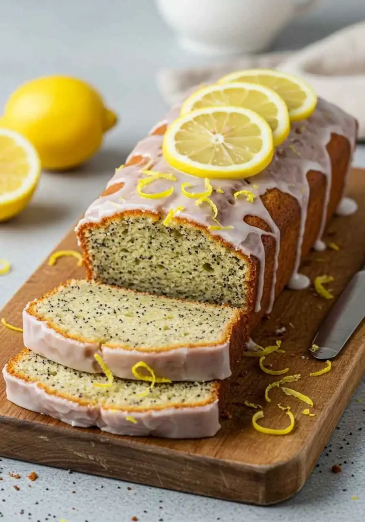 Pastel de limón con semillas de amapola en rebanadas