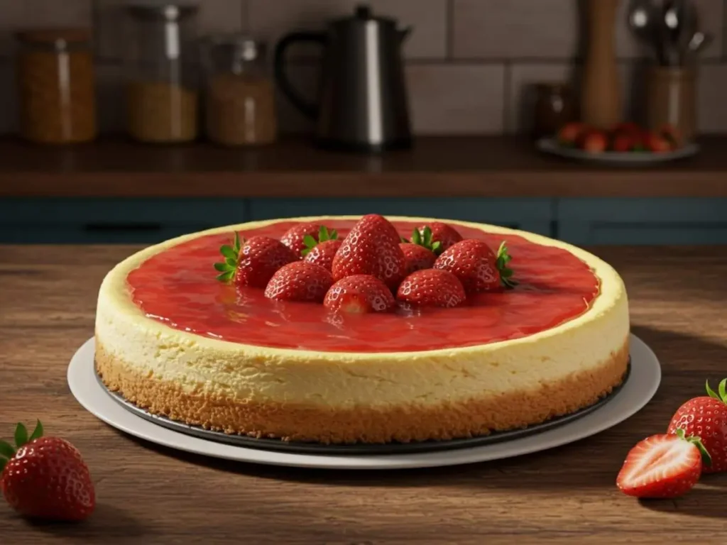 Pay de queso casero cremoso decorado con fresas frescas