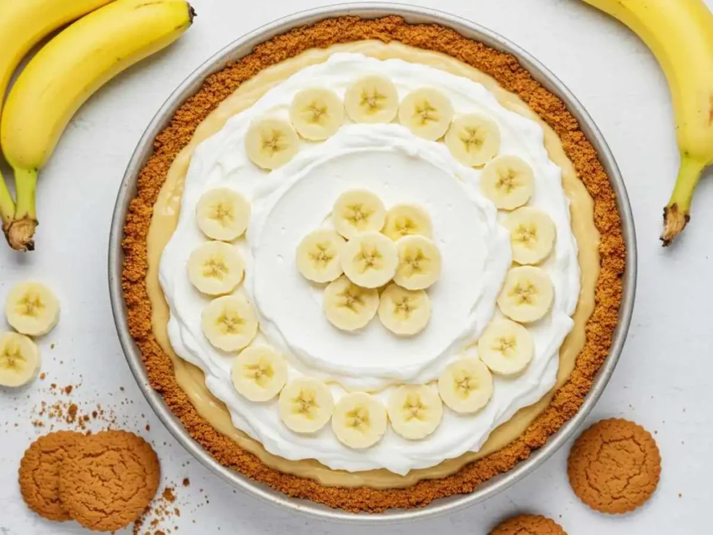 Pay de plátano casero cremoso con base de galletas y decoración de plátano fresco