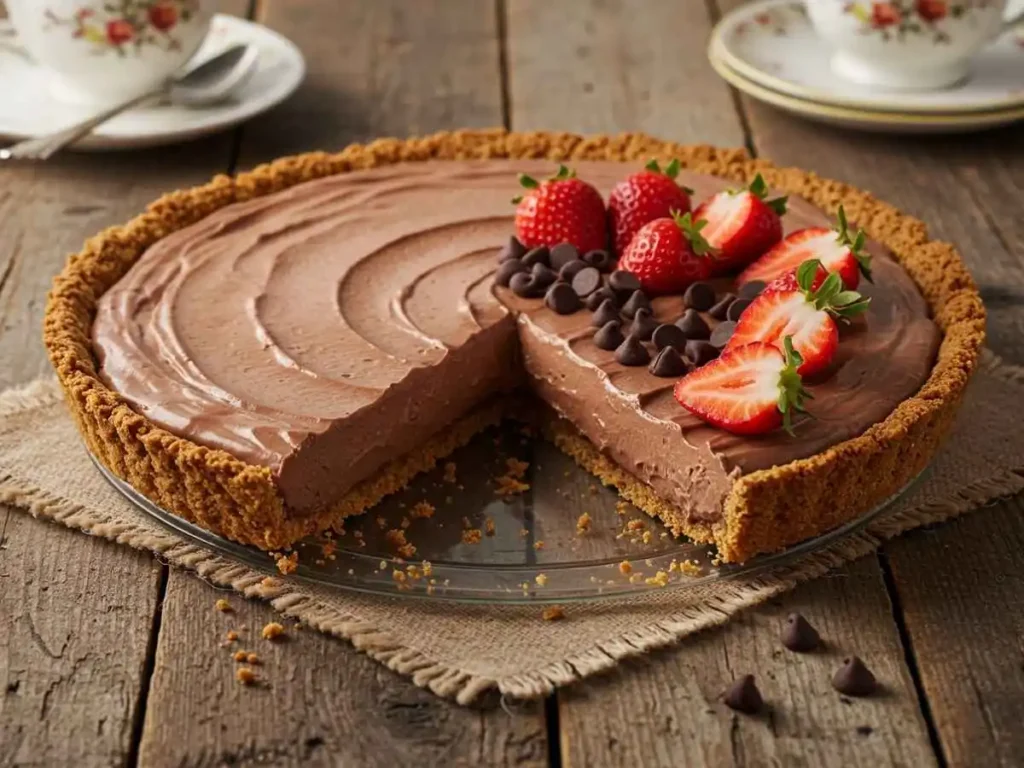Pay de chocolate cremoso casero con decoración de chispas y fresas sobre mesa de madera