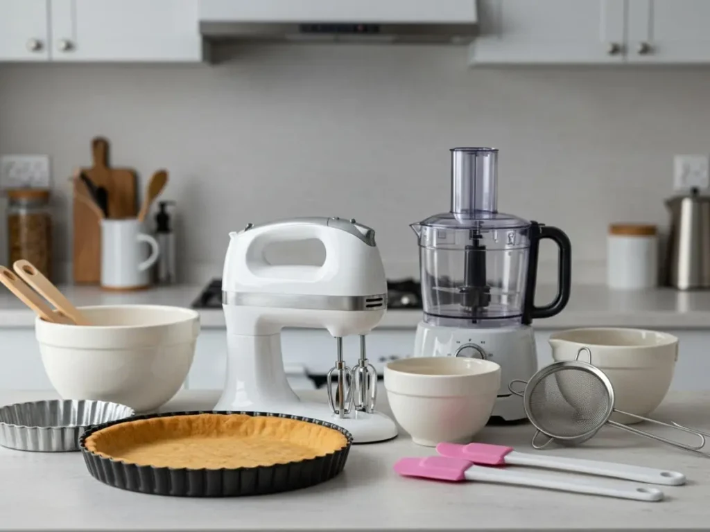 Utensilios de repostería para hacer pay de zarzamora: molde, batidora y procesador