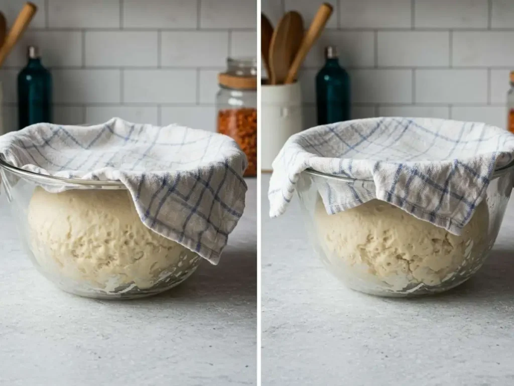 Masa de pan de muerto en proceso de fermentación cubierta con paño húmedo