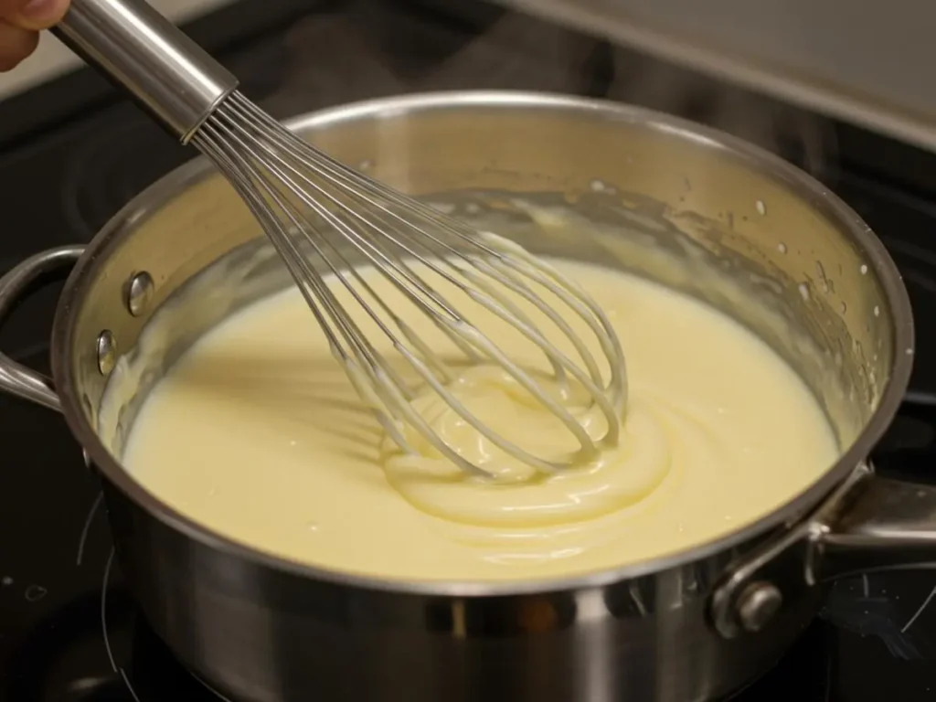 Preparación de crema pastelera casera en cacerola con batidor manual