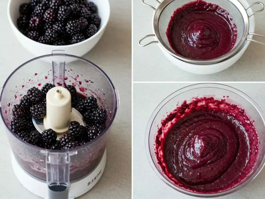 Zarzamoras frescas siendo procesadas para crear puré cremoso sin semillas