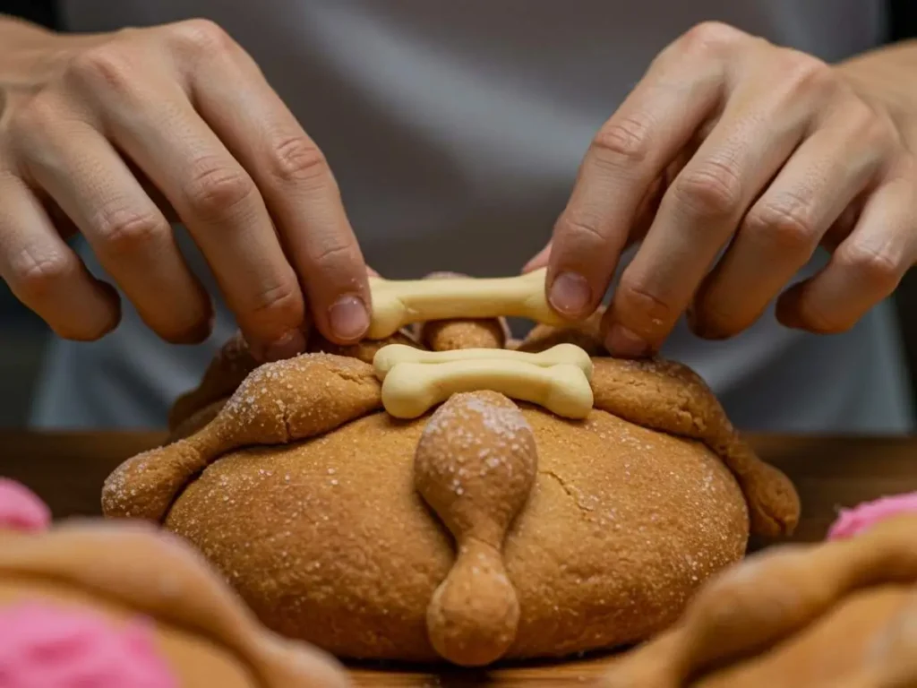 Decoración tradicional de pan de muerto con huesitos y formas características